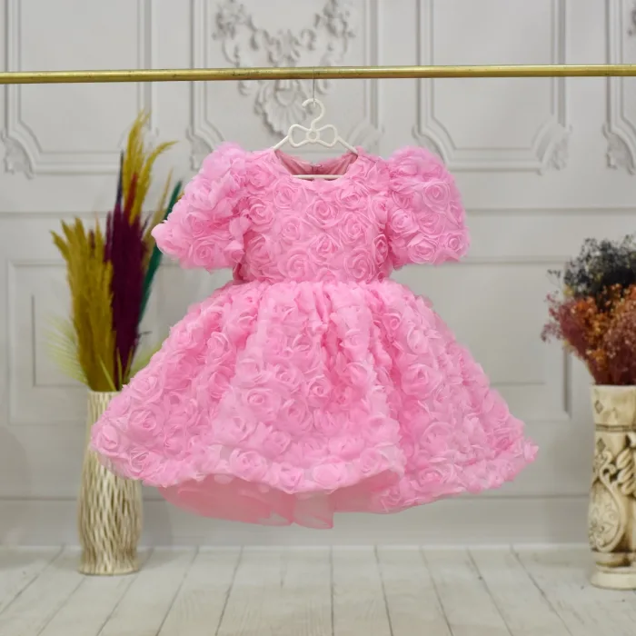 Kız Çocuk Pembe Güllü Kabarık Elbise Abiye Gelinlik