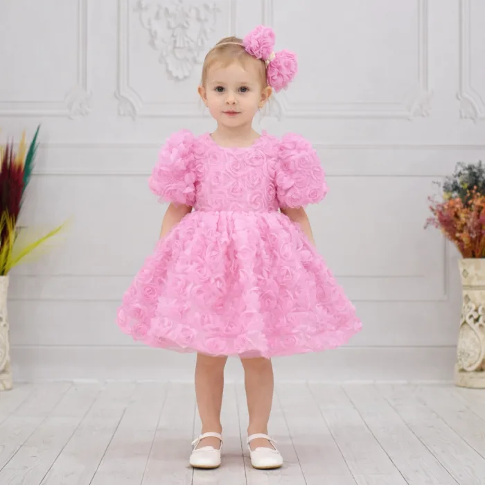 Kız Çocuk Pembe Güllü Kabarık Elbise Abiye Gelinlik