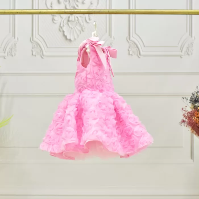 Kız Çocuk Pembe Gül 3D Kabarık Elbise Abiye Gelinlik