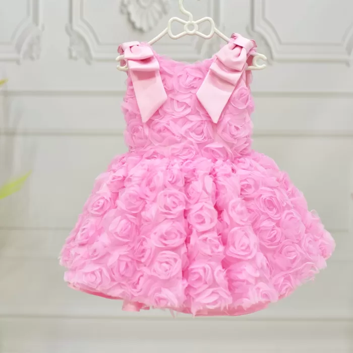 Kız Çocuk Pembe Gül 3D Kabarık Elbise Abiye Gelinlik