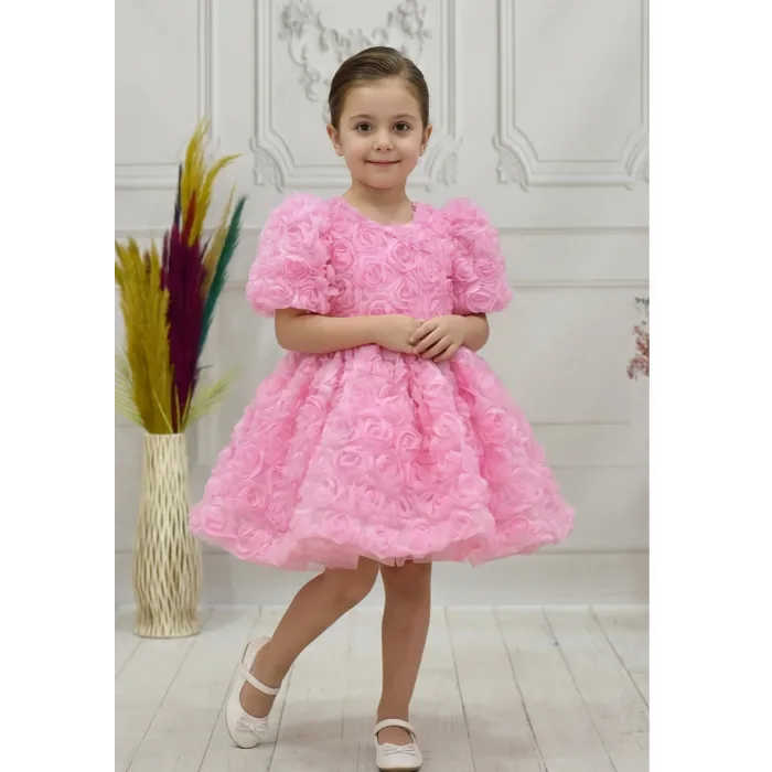 Kız Çocuk Pembe Güllü Kabarık Elbise Abiye Gelinlik