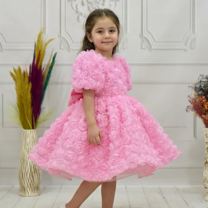 Kız Çocuk Pembe Güllü Kabarık Elbise Abiye Gelinlik