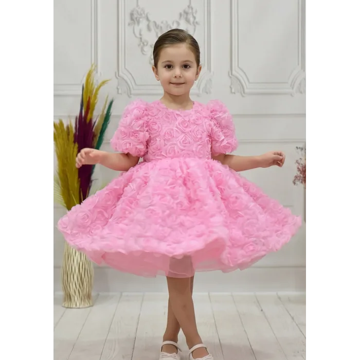 Kız Çocuk Pembe Güllü Kabarık Elbise Abiye Gelinlik