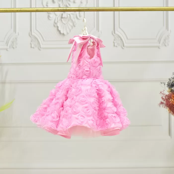 Kız Çocuk Pembe Gül 3D Kabarık Elbise Abiye Gelinlik