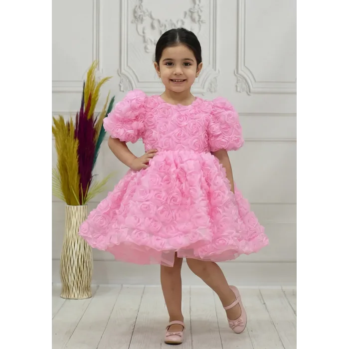 Kız Çocuk Pembe Güllü Kabarık Elbise Abiye Gelinlik
