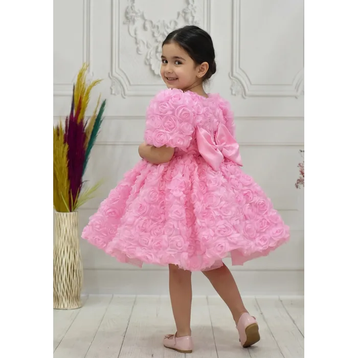 Kız Çocuk Pembe Güllü Kabarık Elbise Abiye Gelinlik