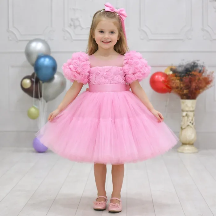 Kız Çocuk Pembe Kabarık Gül Desenli Tül Etek şeffaf Kısa Balon Kol Elbise