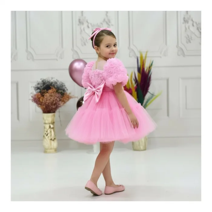 Kız Çocuk Pembe Kabarık Gül Desenli Tül Etek şeffaf Kısa Balon Kol Elbise