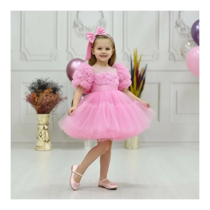Kız Çocuk Pembe Kabarık Gül Desenli Tül Etek şeffaf Kısa Balon Kol Elbise