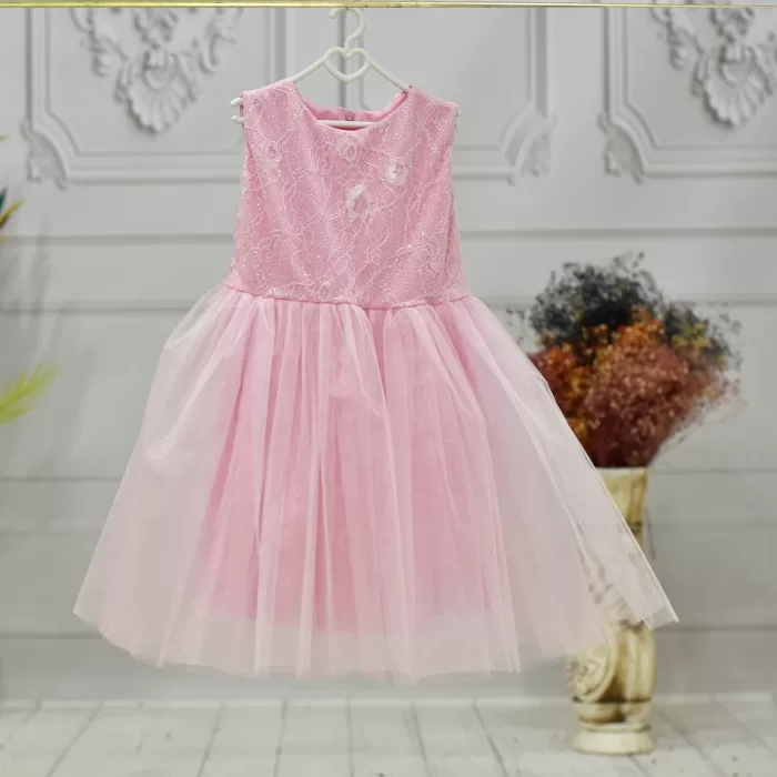 Kız Çocuk Pembe İşleme Kolsuz Parıltılı Kabarık Elbise Gelinlik Abiye