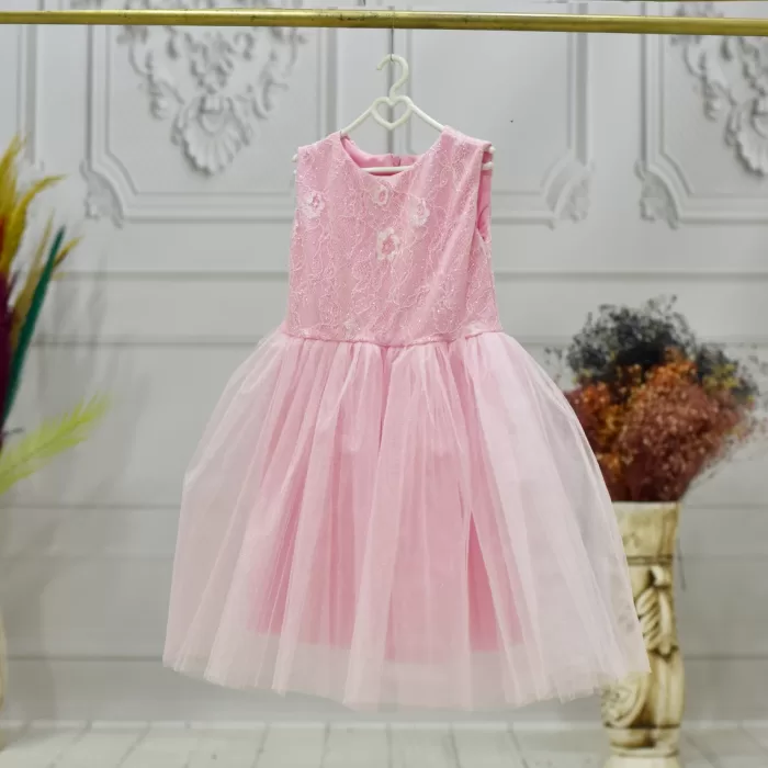 Kız Çocuk Pembe İşleme Kolsuz Parıltılı Kabarık Elbise Gelinlik Abiye