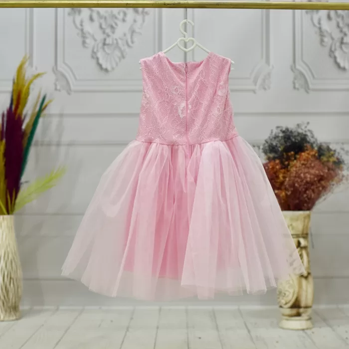 Kız Çocuk Pembe İşleme Kolsuz Parıltılı Kabarık Elbise Gelinlik Abiye