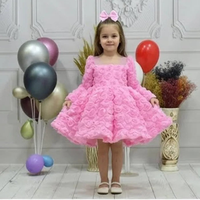 Kız Çocuk Pembe Şeffaf Gül Desenli Uzun Kol Kabarık Elbise