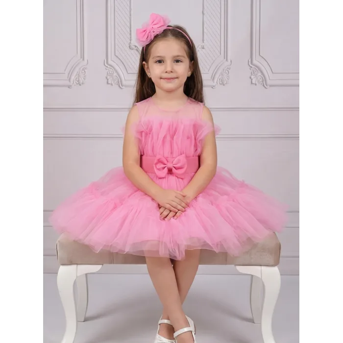 Kız Çocuk Pembe Şeffaf Üst Ön Fiyonk Detaylı Kemerli Kabarık