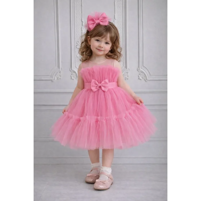 Kız Çocuk Pembe Şeffaf Üst Ön Fiyonk Detaylı Kemerli Kabarık
