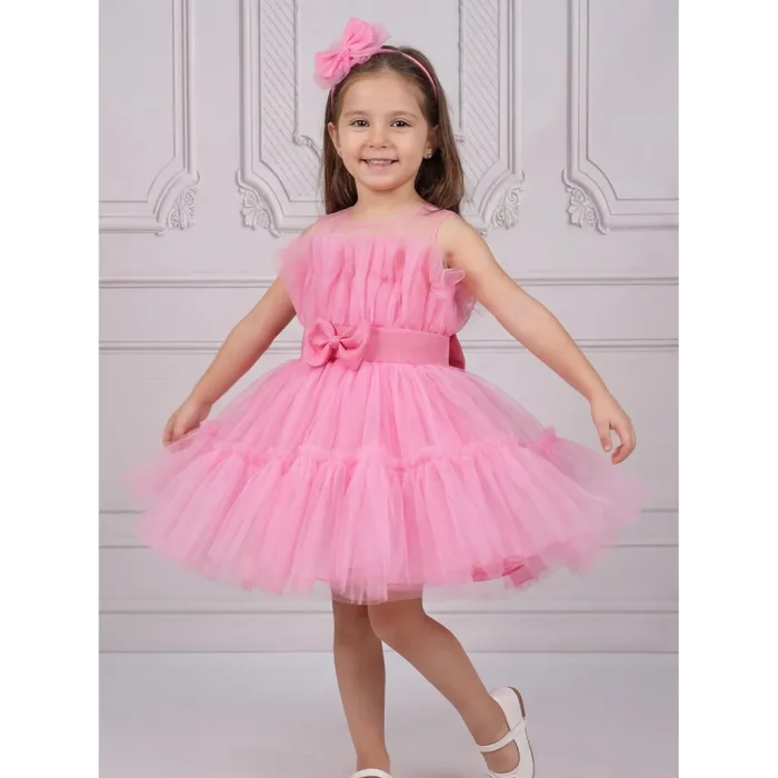 Kız Çocuk Pembe Şeffaf Üst Ön Fiyonk Detaylı Kemerli Kabarık