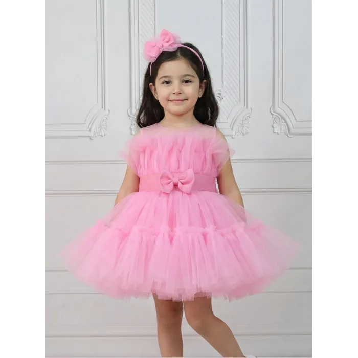 Kız Çocuk Pembe Şeffaf Üst Ön Fiyonk Detaylı Kemerli Kabarık