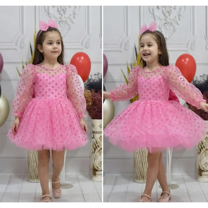 Kız Çocuk Pembe Şeffaf Üstlü Flok Tüllü Kabarık Elbise