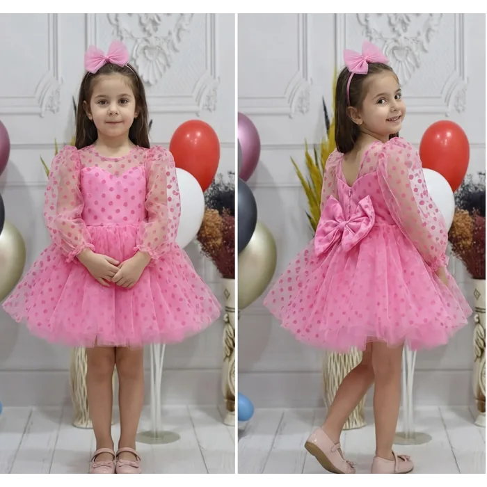 Kız Çocuk Pembe Şeffaf Üstlü Flok Tüllü Kabarık Elbise