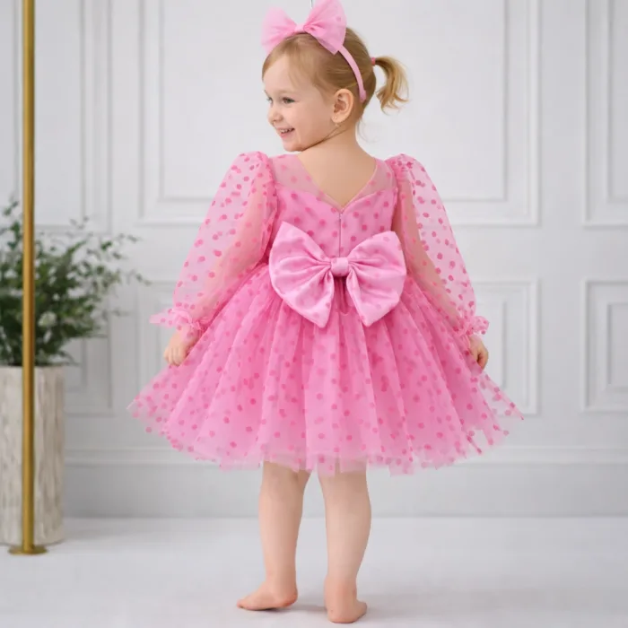 Kız Çocuk Pembe Şeffaf Üstlü Flok Tüllü Kabarık Elbise