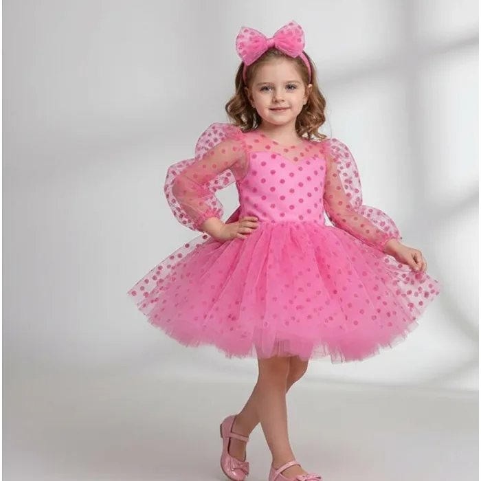 Kız Çocuk Pembe Şeffaf Üstlü Flok Tüllü Kabarık Elbise