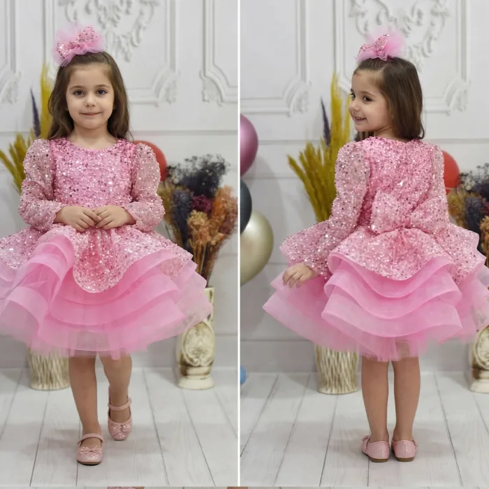 Kız Çocuk Pembe Taşlı Boncuk Uzun Kol Kabarık Parıltılı Elbise