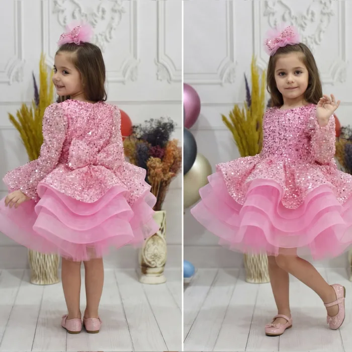 Kız Çocuk Pembe Taşlı Boncuk Uzun Kol Kabarık Parıltılı Elbise