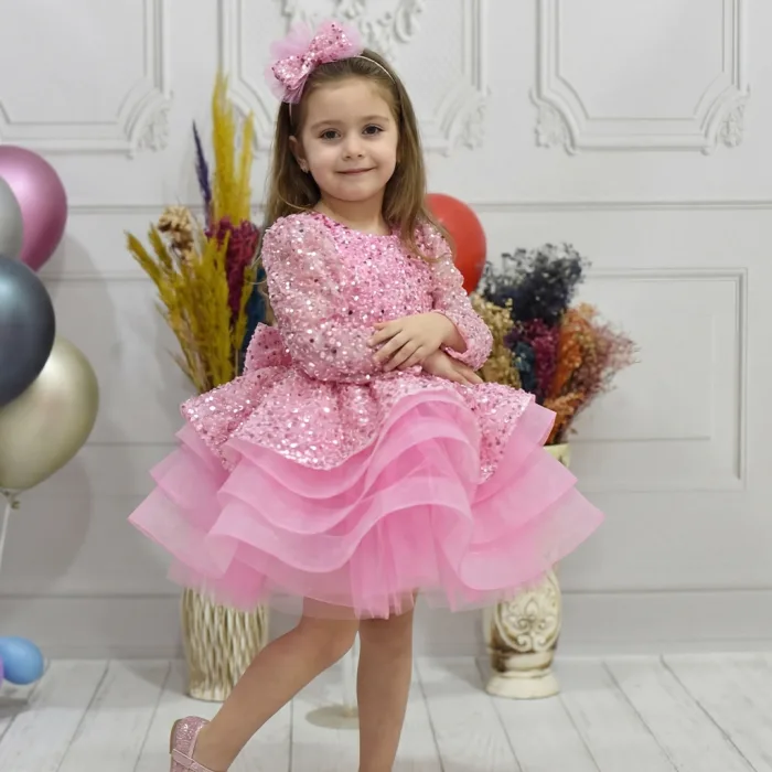 Kız Çocuk Pembe Taşlı Boncuk Uzun Kol Kabarık Parıltılı Elbise