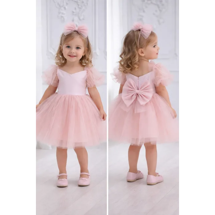 Kız Çocuk Pudra Balon Kısa Kol Kabarık Elbise