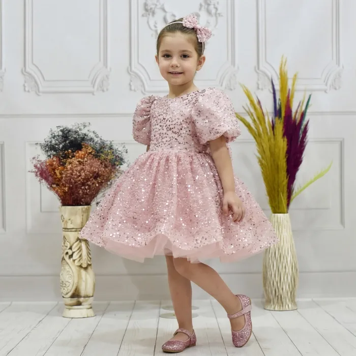 Kız Çocuk Pudra Boncuk Etekli Kabarık Elbise
