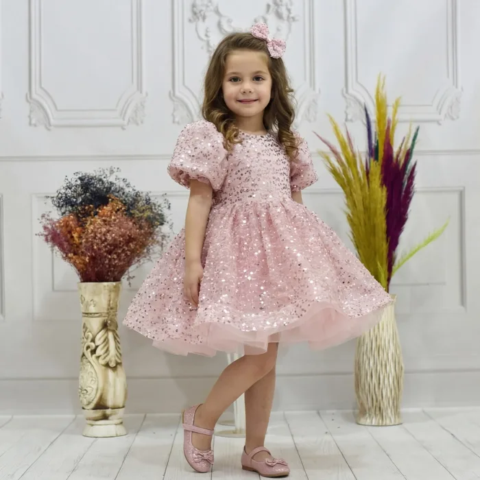 Kız Çocuk Pudra Boncuk Etekli Kabarık Elbise