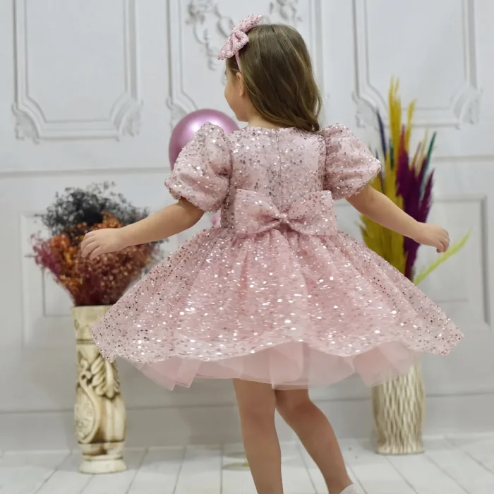 Kız Çocuk Pudra Boncuk Etekli Kabarık Elbise