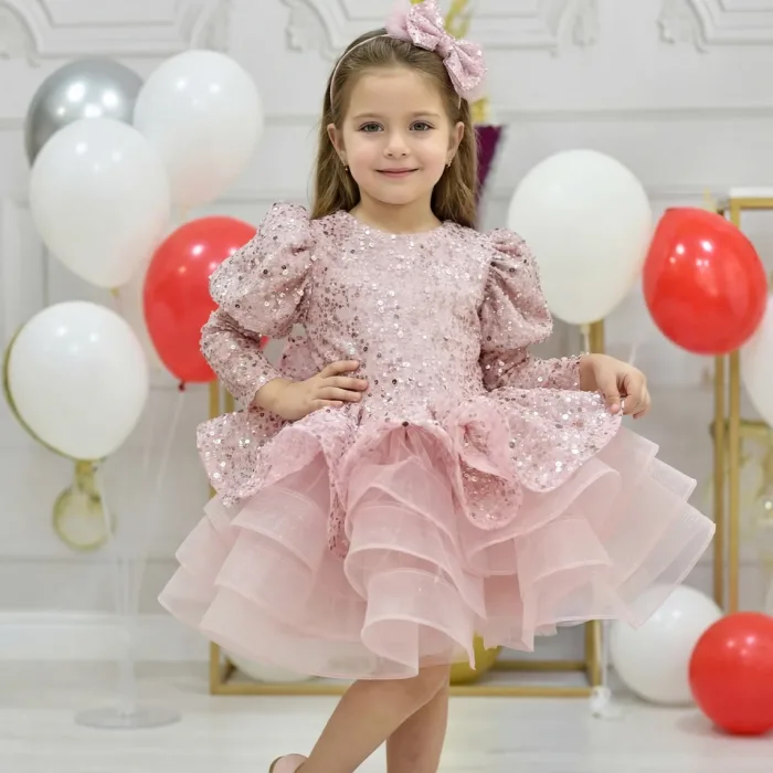 Kız Çocuk Pudra Boncuklu Balon ve Düz Kol Elbise