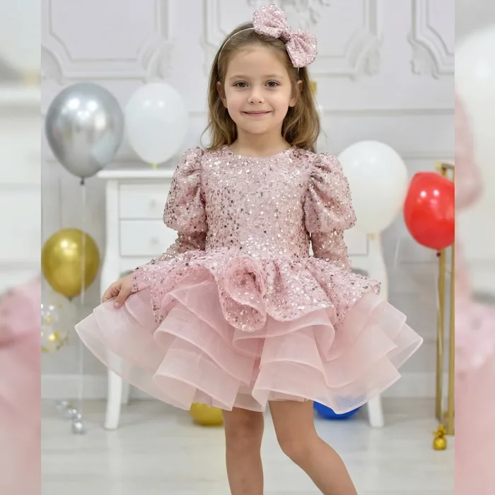 Kız Çocuk Pudra Boncuklu Balon ve Düz Kol Elbise