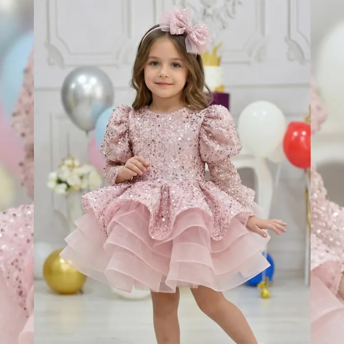 Kız Çocuk Pudra Boncuklu Balon ve Düz Kol Elbise
