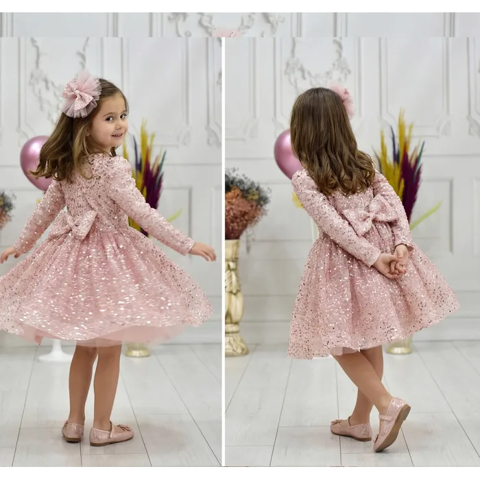 Kız Çocuk Pudra Boncuklu Payetli Kabarık Elbise Uzun Kol