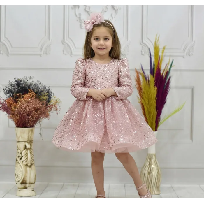 Kız Çocuk Pudra Boncuklu Payetli Kabarık Elbise Uzun Kol