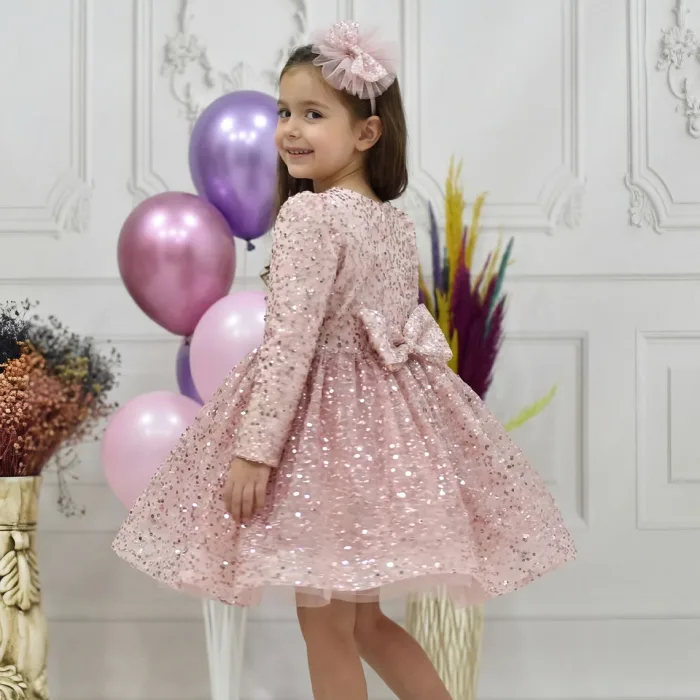 Kız Çocuk Pudra Boncuklu Payetli Kabarık Elbise Uzun Kol