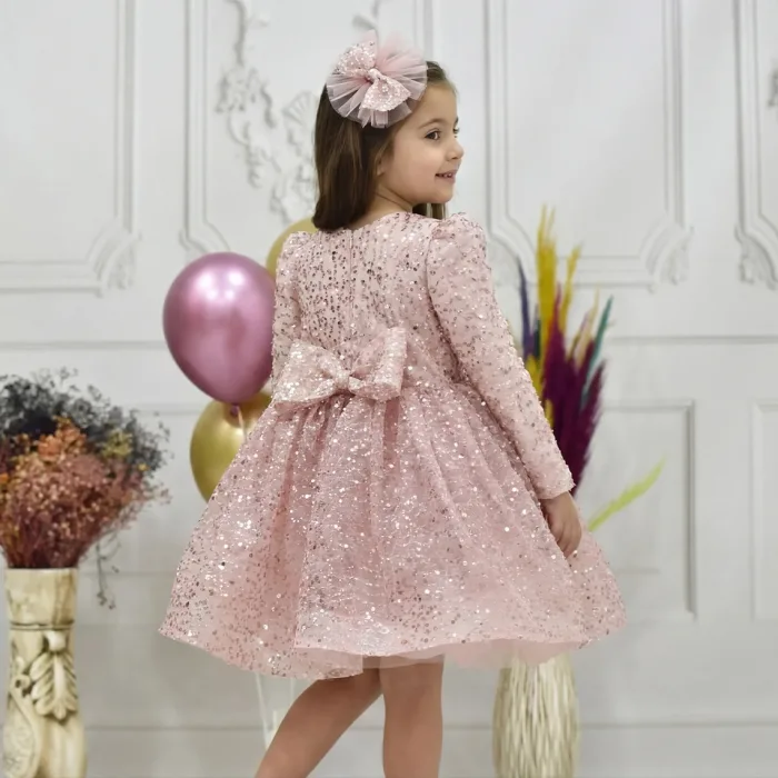 Kız Çocuk Pudra Boncuklu Payetli Kabarık Elbise Uzun Kol