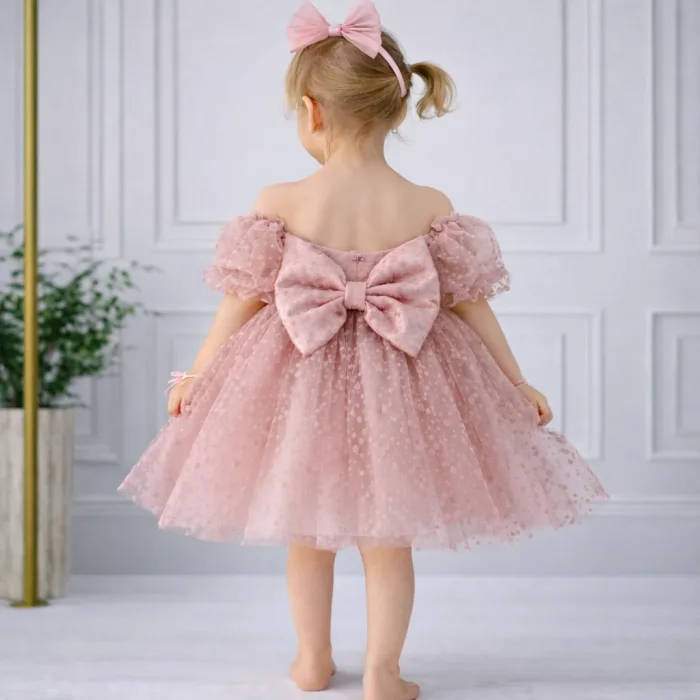 Kız Çocuk Pudra Flok Tüllü Prenses Kol Kalp Detaylı Kabarık Elbise