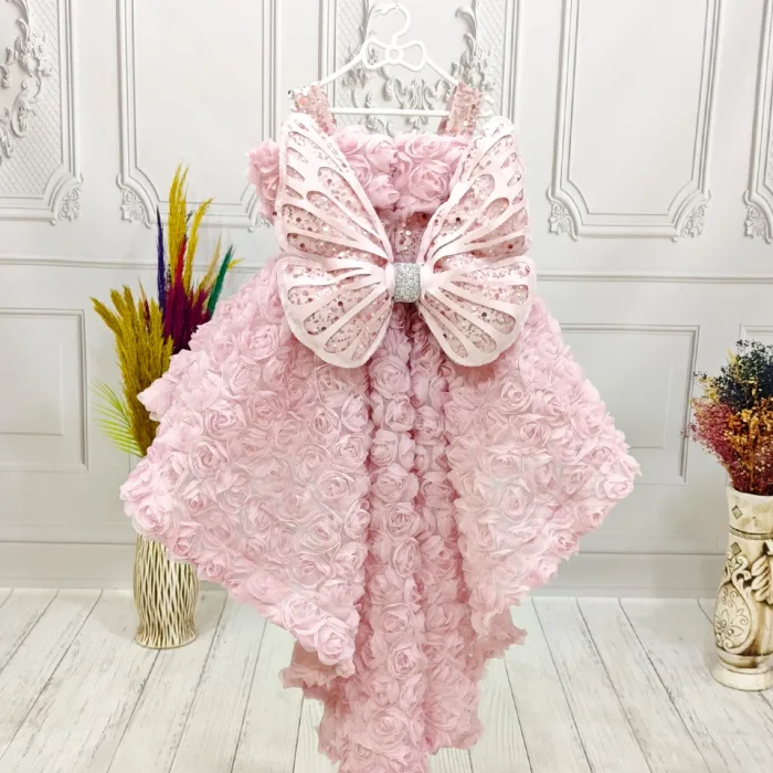 Pudra Pembesi Güllü Madonna Yaka Abiye+ Kelebek Seti Kuyruklu Kısa Kol Elbise Abiye Gelinlik