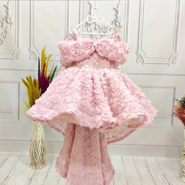 Pudra Pembesi Güllü Madonna Yaka Abiye+ Kelebek Seti Kuyruklu Kısa Kol Elbise Abiye Gelinlik