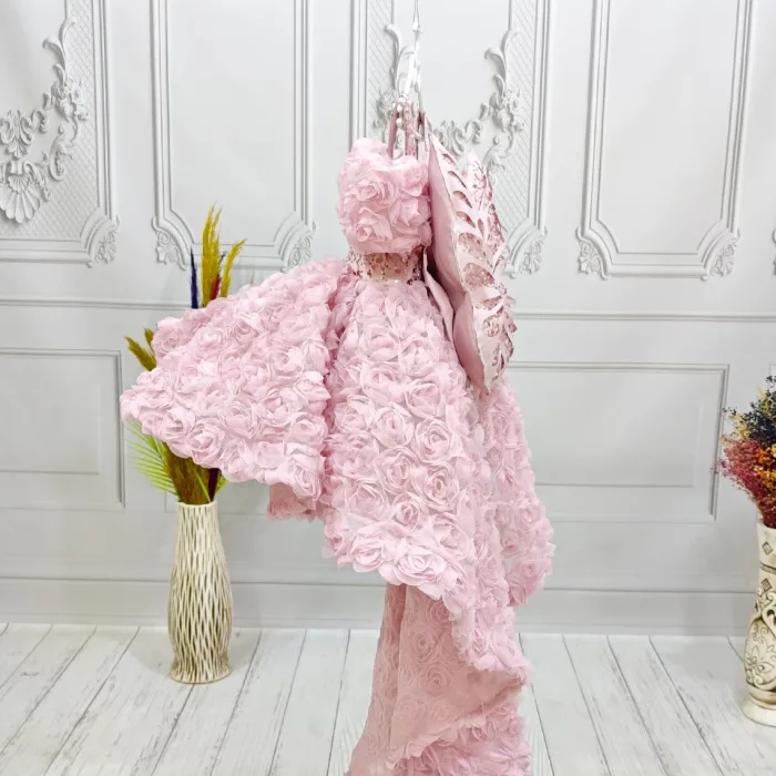 Pudra Pembesi Güllü Madonna Yaka Abiye+ Kelebek Seti Kuyruklu Kısa Kol Elbise Abiye Gelinlik