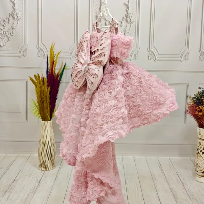 Pudra Pembesi Güllü Madonna Yaka Abiye+ Kelebek Seti Kuyruklu Kısa Kol Elbise Abiye Gelinlik