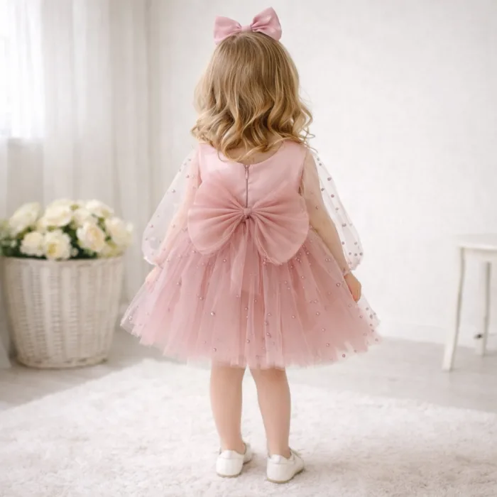 Kız Çocuk Pudra incili Uzun Kol Incili Elbise