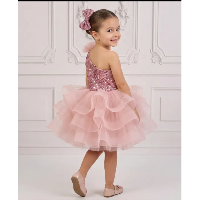 Kız Çocuk Pudra Payetli Grenli Tek Omuz Kabarık Elbise