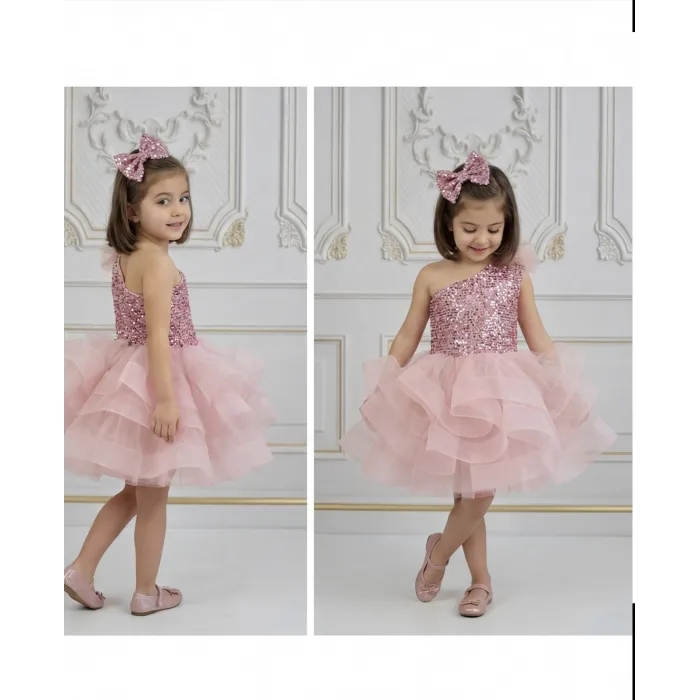 Kız Çocuk Pudra Payetli Grenli Tek Omuz Kabarık Elbise