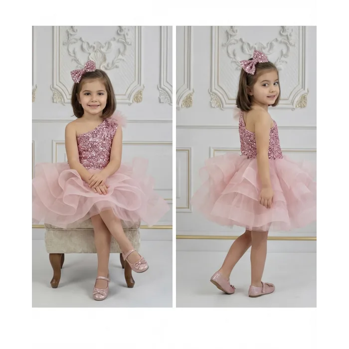 Kız Çocuk Pudra Payetli Grenli Tek Omuz Kabarık Elbise