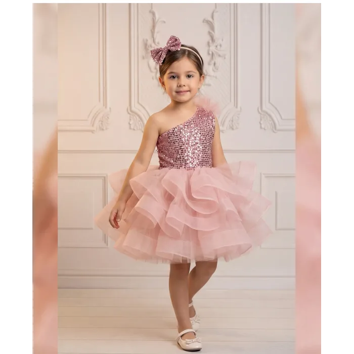 Kız Çocuk Pudra Payetli Grenli Tek Omuz Kabarık Elbise