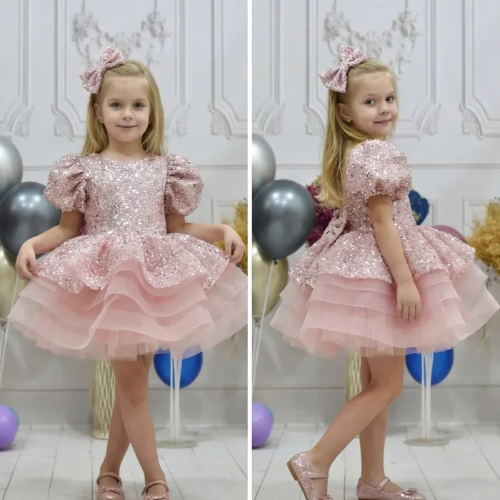 Kız Çocuk Pudra Kısa Balon Kol Taşlı Boncuklu Elbise